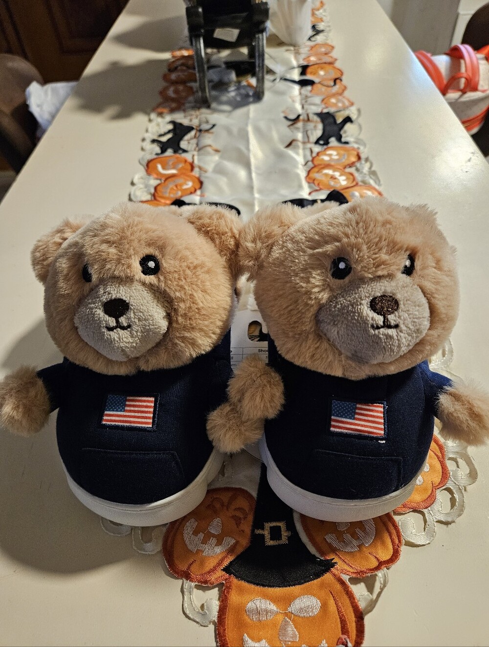Cloud Critters Teddy Bear Slippers USA Flag Hoodie Plush Slides NWT XL (9.5-10.5